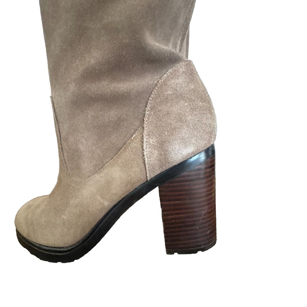 Lauren Ralph Lauren Taupe Suede Tall Boots Women's 10B Leather Block Heel Riding - Picture 5 of 13
